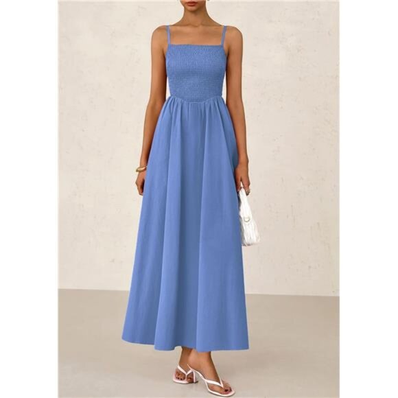 Women's Smocked | Maxi Dress | 2025 Summer | Beach Sundress | Casual | Blue - Picture 3 of 6